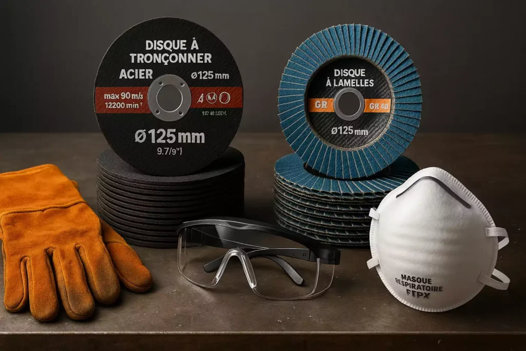 Disques à tronçonner et disques à lamelles 125 mm posés sur établi avec gants de soudure, lunettes de sécurité et masque respiratoire FFP2