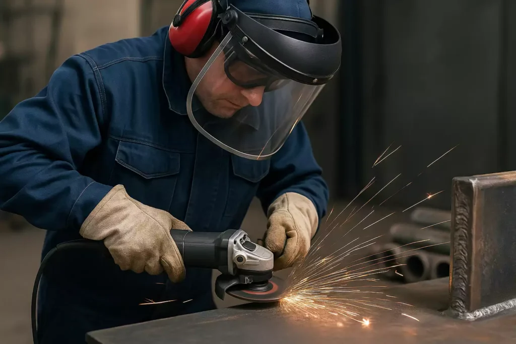 Soudeur équipé d’une visière et casque anti-bruit en train de meuler une pièce métallique avec une meuleuse d’angle