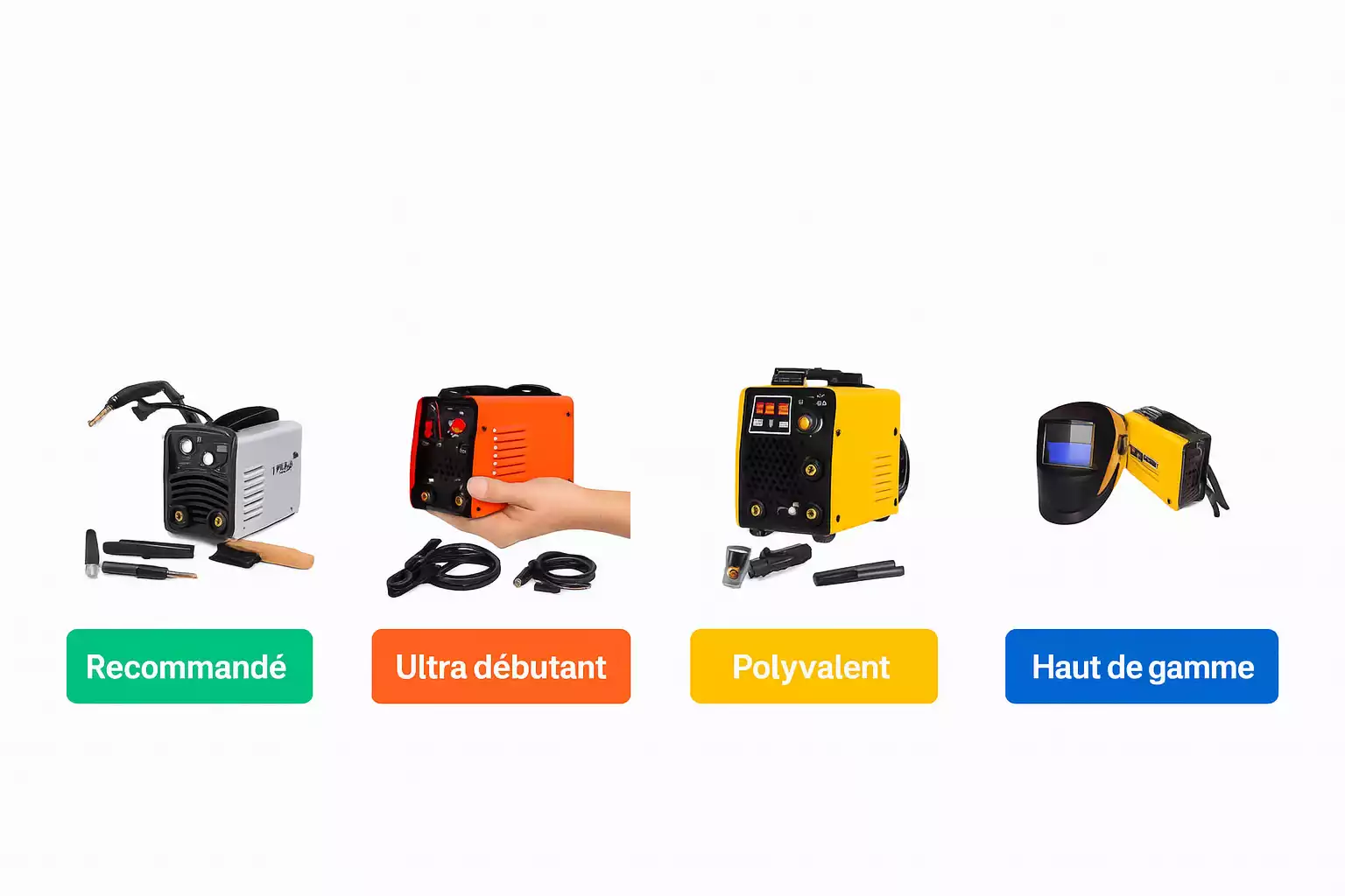 Tableau visuel comparatif des postes à souder pas chers en 2025 avec badges recommandés, débutant, polyvalent et haut de gamme
