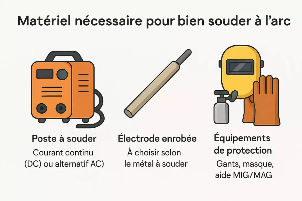 Schéma illustré des équipements nécessaires au soudage à l’arc : générateur, électrode enrobée, masque de protection et gants.