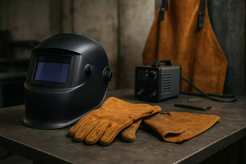 Gants en cuir, cagoule LCD et tablier pour se protéger en soudure