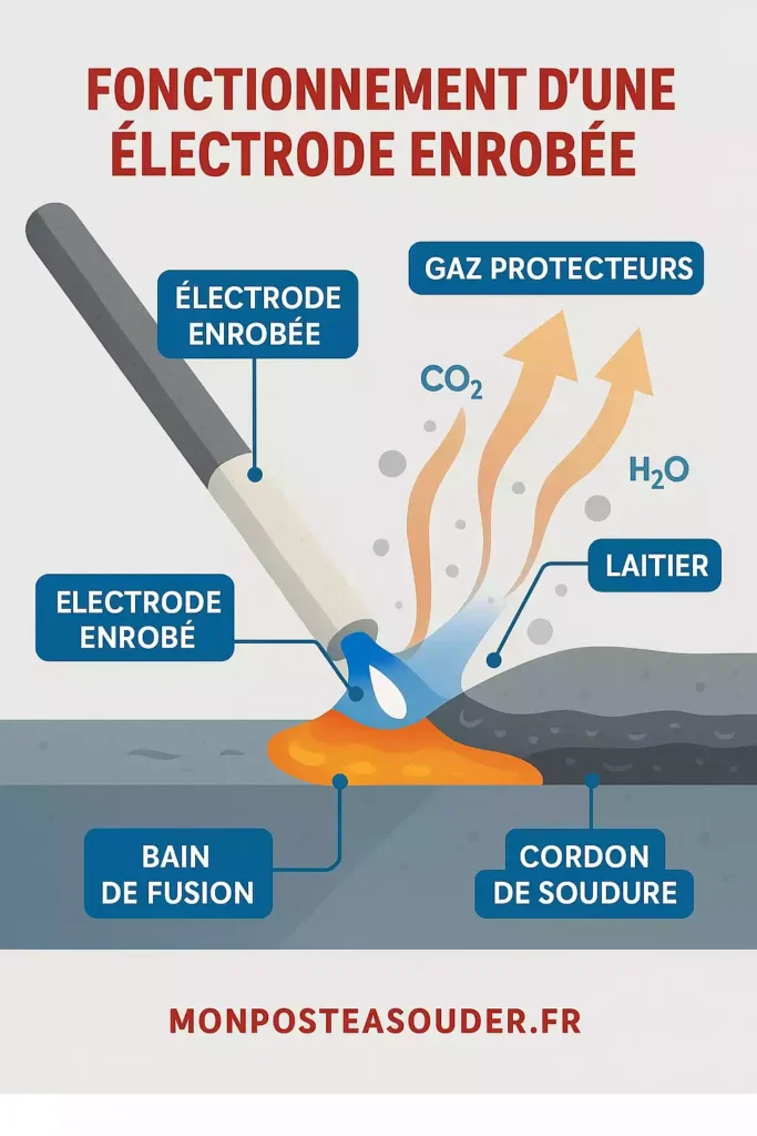 schéma fonctionnement électrode enrobée avec gaz protecteur et laitier