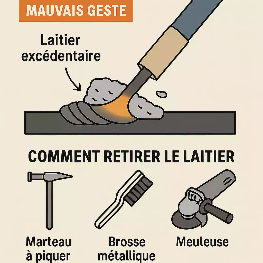 Infographie expliquant comment retirer un laitier excédentaire après soudage à l’arc à l’aide d’outils adaptés.