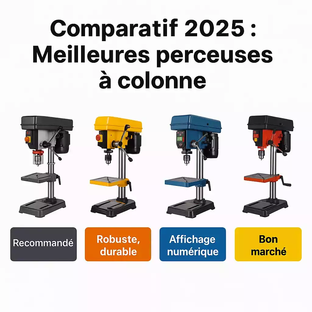 Quatre perceuses à colonne comparées côte à côte, avec mentions « recommandé », « robuste », « affichage numérique » et « bon marché »