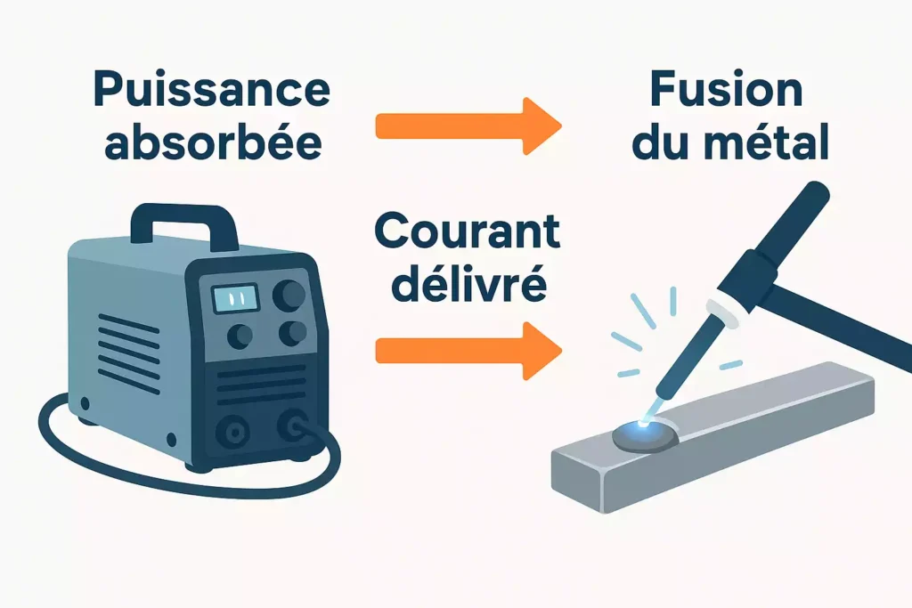 schema-puissance-courant-fusion-soudure Schéma expliquant la relation entre puissance absorbée, courant délivré et fusion du métal