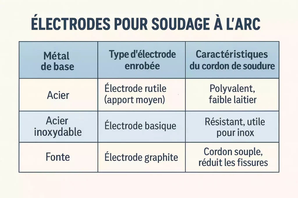 Tableau comparatif des types d’électrodes enrobées pour le soudage à l’arc selon le métal utilisé et le rendu de la soudure.