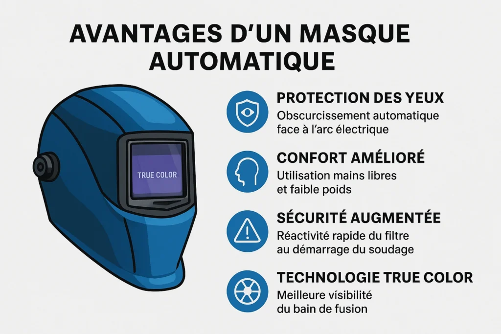 Infographie listant les avantages d’un masque de soudure automatique True Color avec protection, confort et sécurité
