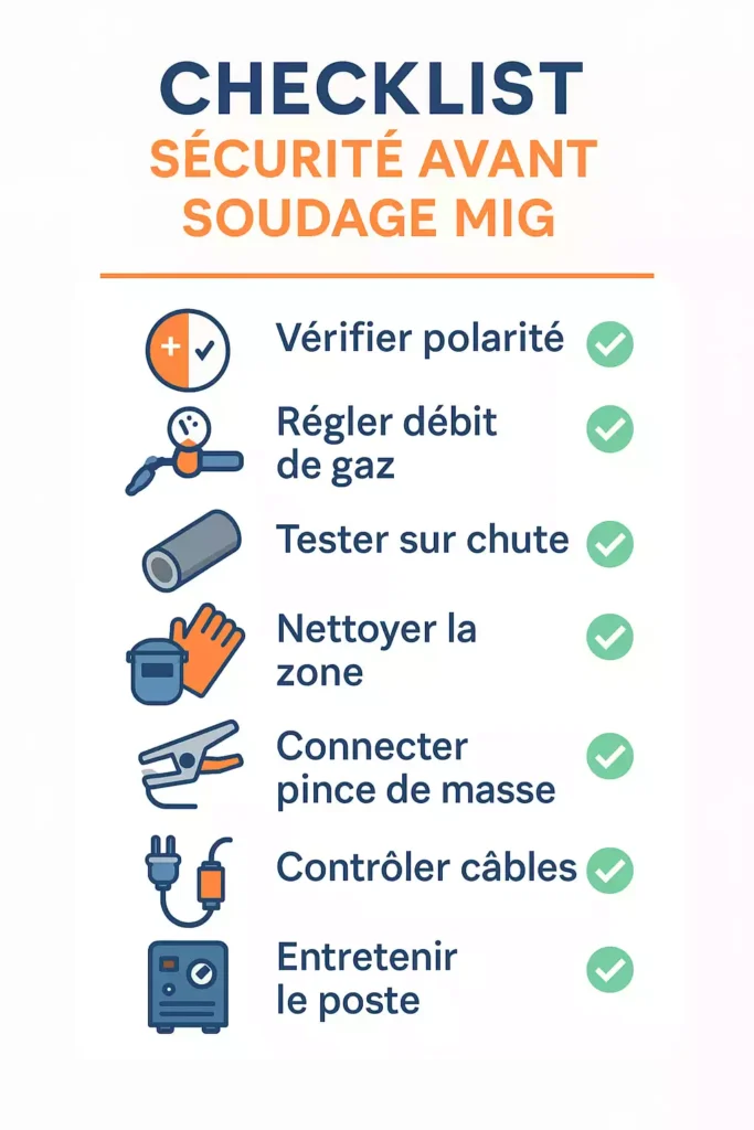 Checklist de sécurité avant soudage MIG : polarité, gaz, test, nettoyage, EPI, câbles