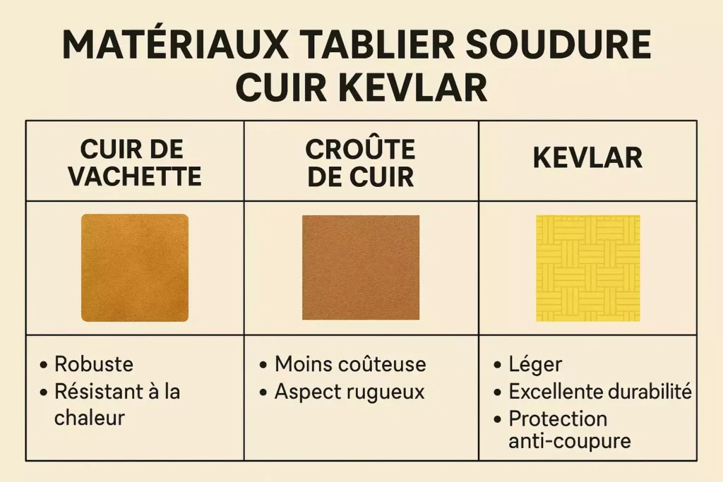 : Infographie présentant les matériaux tabliers de soudure cuir de vachette, croûte de cuir et kevlar avec leurs avantages