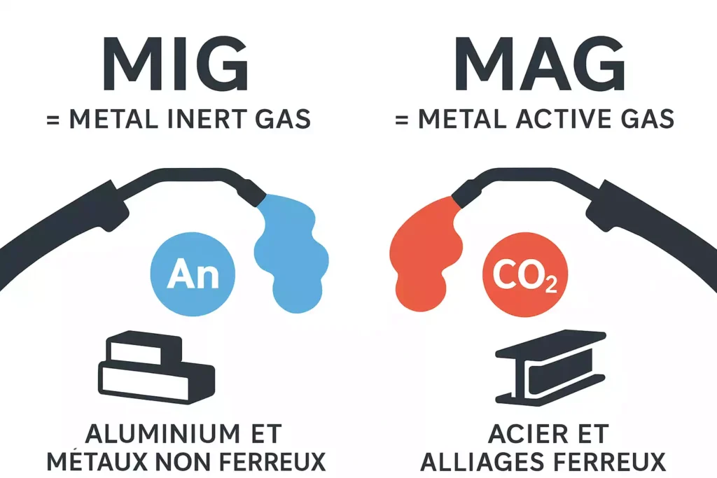 Infographie en français expliquant la différence entre soudage MIG et MAG