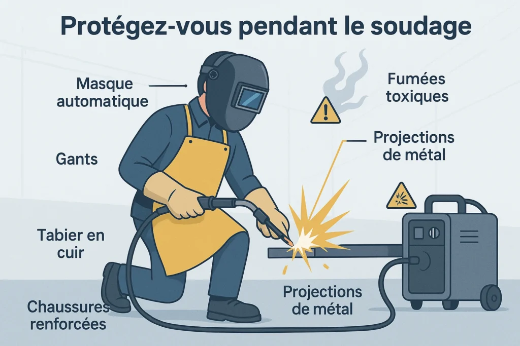 Illustration d’un soudeur équipé pour se protéger des risques : fumées, projections, rayons UV, choc électrique