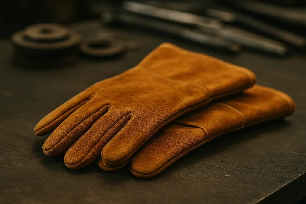 gants de soudure en cuir pleine fleur sur table d’atelier