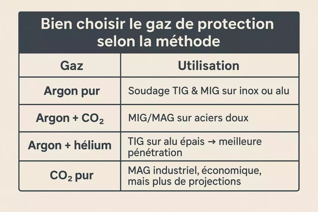 Illustration de bouteilles de gaz : argon, CO₂, hélium, avec leurs applications selon le procédé