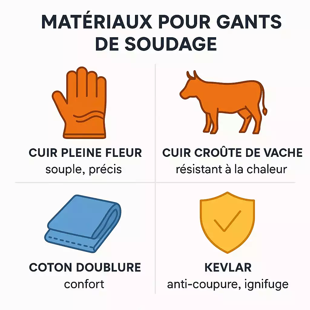 Infographie des matériaux de gants de soudure : cuir pleine fleur, croûte vachette, coton et Kevlar