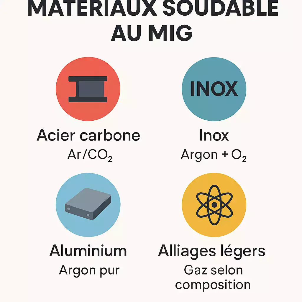 Matériaux soudables au MIG : acier carbone, inox, aluminium et alliages légers avec gaz adaptés