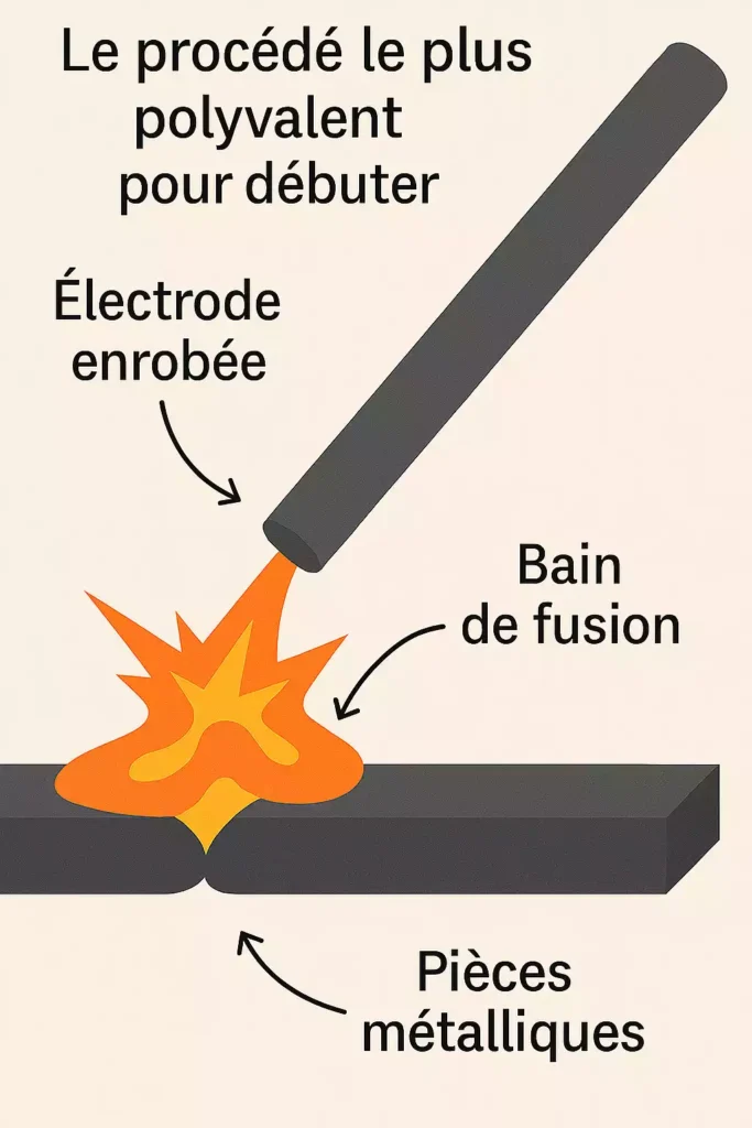 Diagramme montrant une électrode enrobée produisant un arc électrique et un bain de fusion