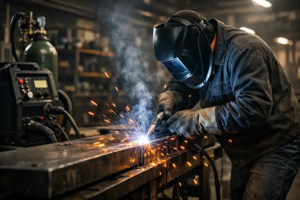 Soudage MIG MAG en atelier industriel avec soudeur utilisant un poste de soudure semi-automatique produisant des étincelles sur pièce en acier