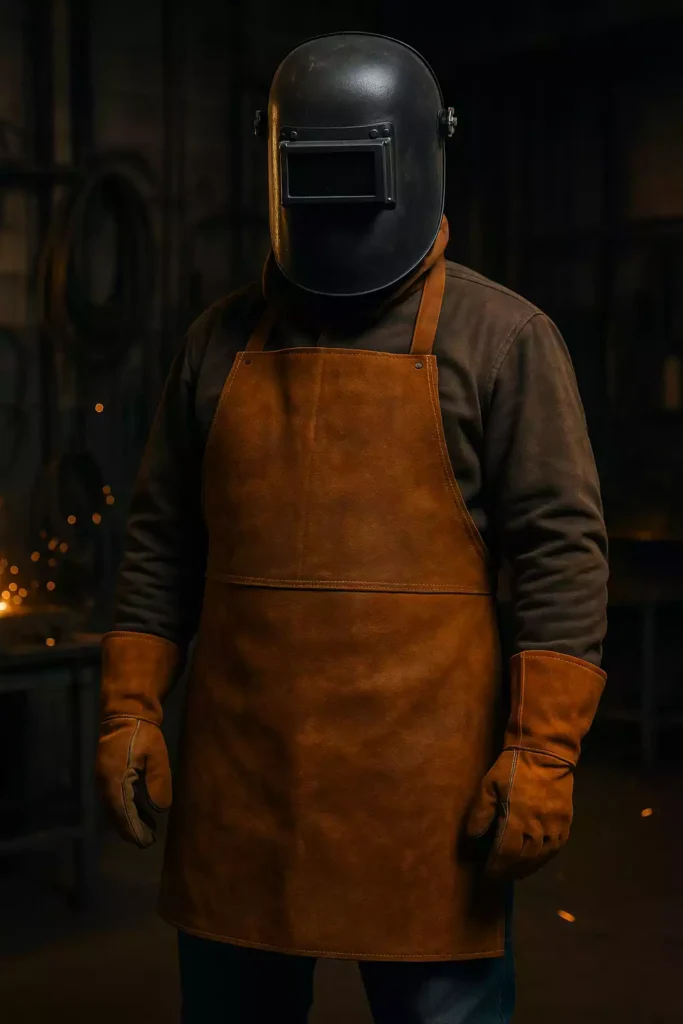 Soudeur portant un tablier de cuir ignifuge avec gants et masque de soudage dans un atelier.