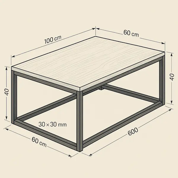 Plan technique isométrique d’une table basse industrielle avec structure en acier 30x30 mm et plateau en bois, dimensions 100x60x40 cm.