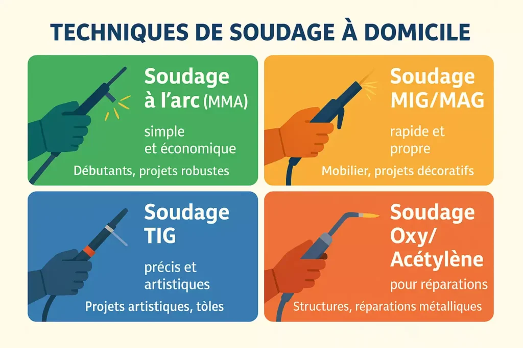 Infographie comparant les techniques de soudure à domicile : MMA, MIG/MAG, TIG, Oxy/Acétylène.