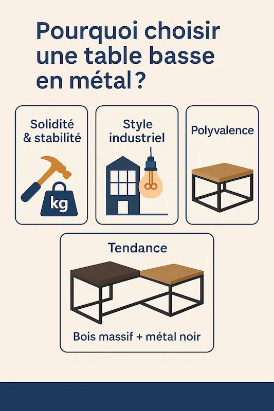 Infographie listant les avantages d’une table basse en métal : solidité, style industriel et polyvalence
