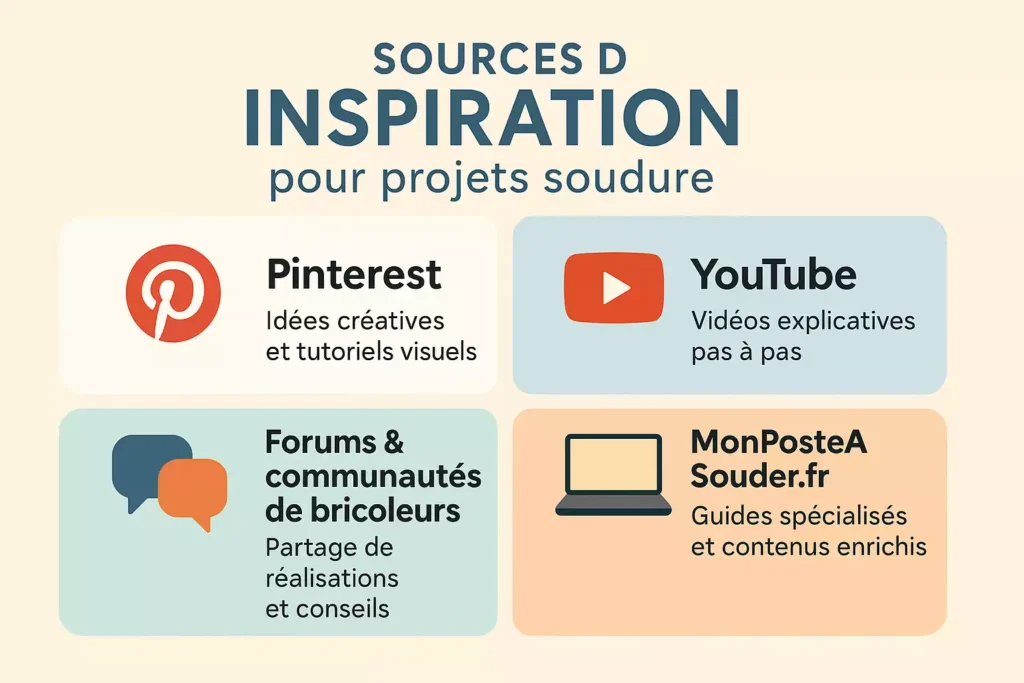 Infographie sur les sources d’inspiration pour la soudure DIY : Pinterest, YouTube, forums, site web.