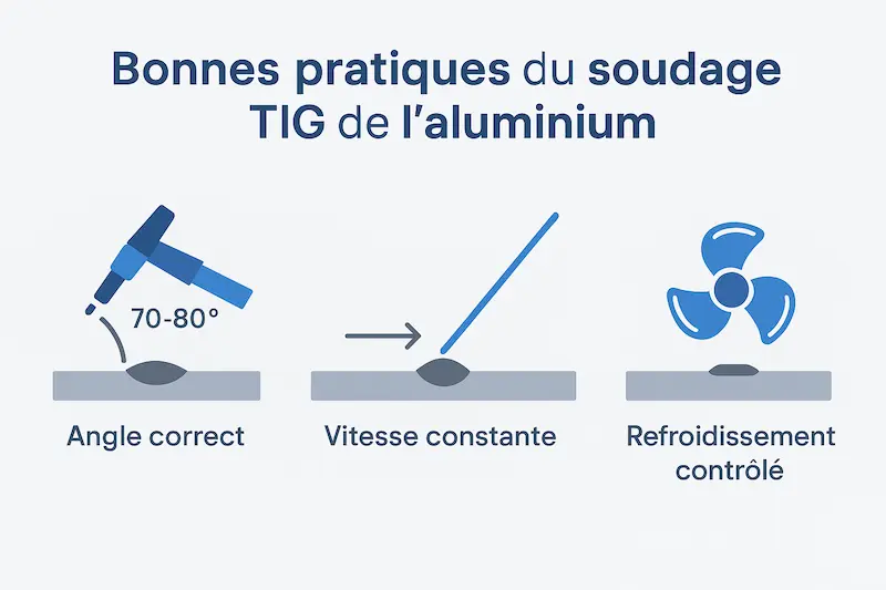 Infographie en français présentant les bonnes pratiques TIG : angle correct, vitesse constante, distance 2-3 mm, apport de métal et refroidissement contrôlé.
