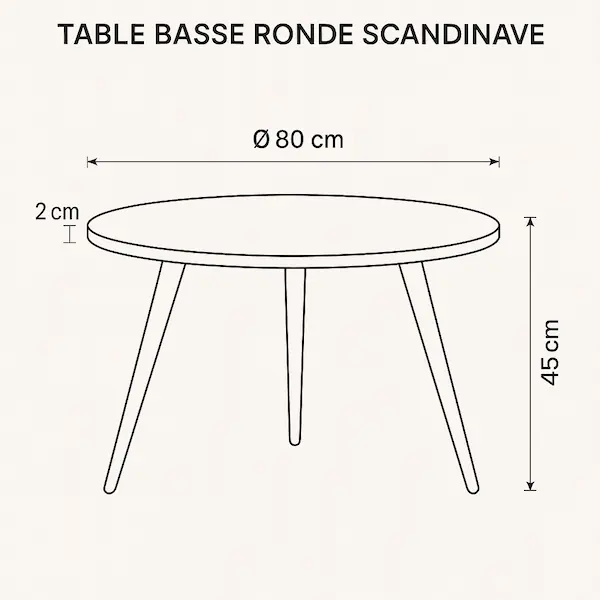 Plan en profil d’une table basse ronde style scandinave avec plateau bois de 80 cm de diamètre, hauteur 45 cm et pieds inclinés.