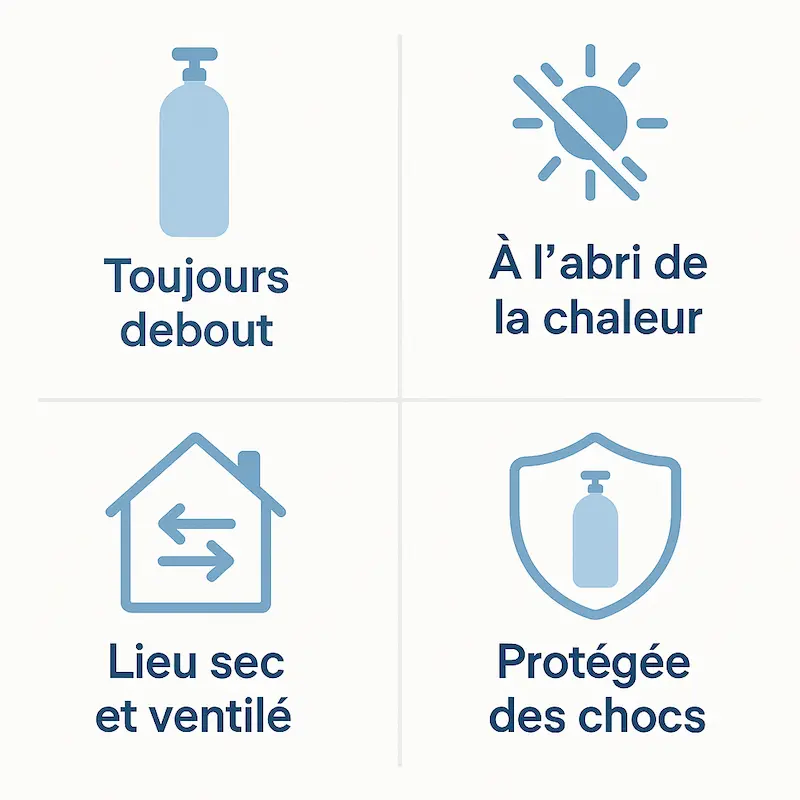 Pictogrammes des consignes de sécurité pour stocker une bouteille de gaz argon