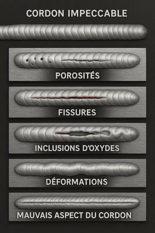 Illustration comparant un cordon parfait et différents défauts : porosités, fissures, inclusions d’oxydes, déformations et mauvais aspect.