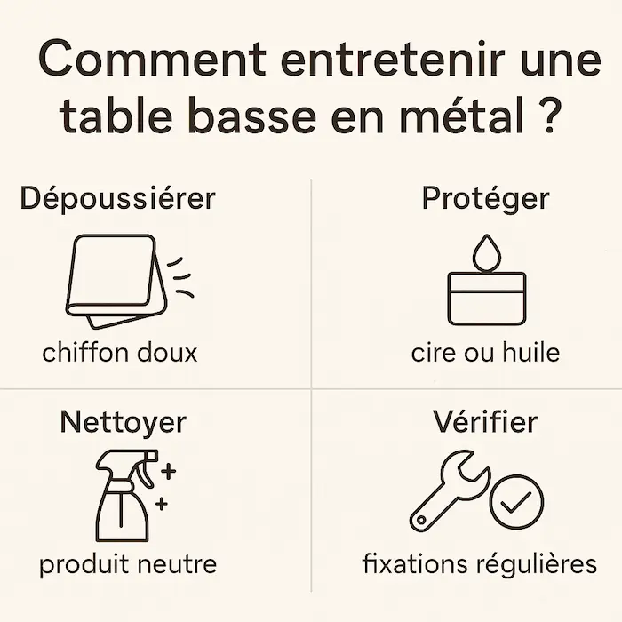 Fiche pratique montrant comment entretenir une table basse en métal en 4 étapes simples