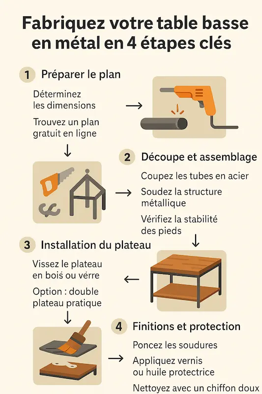 Schéma en 4 étapes pour fabriquer soi-même une table basse en métal : plan, découpe, assemblage, finitions.