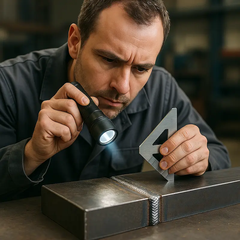 Inspecteur vérifiant un cordon de soudure avec une jauge