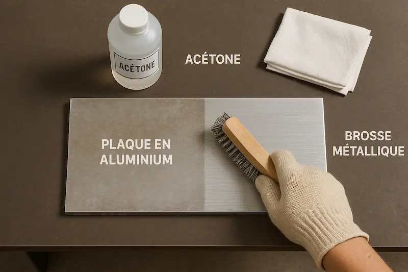 Nettoyage d’une plaque en aluminium avec brosse métallique et acétone avant soudage.
