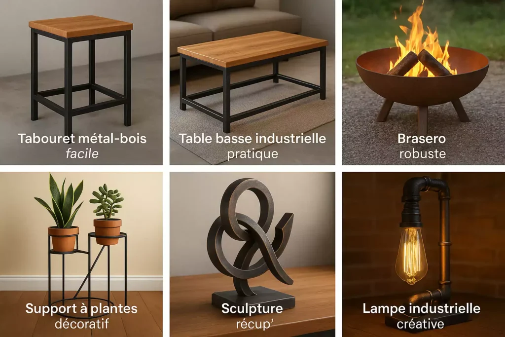 Galerie de six projets de soudure DIY : tabouret, table basse, brasero, support plantes, sculpture, lampe.