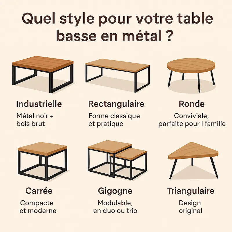 Illustration des styles de tables basses en métal : industrielle, rectangulaire, ronde, carrée, gigogne, triangulaire.