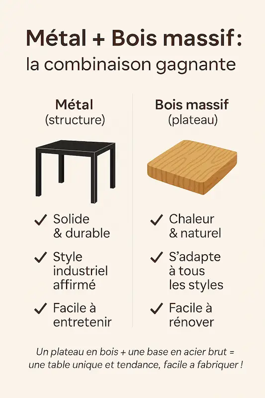 Infographie montrant les avantages du métal pour la structure et du bois massif pour le plateau d’une table basse industrielle.