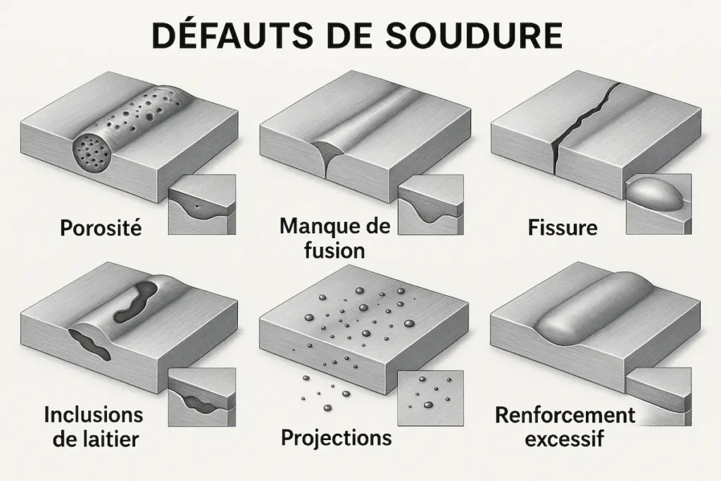 Illustration des défauts de soudure : porosité, fissures, inclusions, projections, renforcement excessif