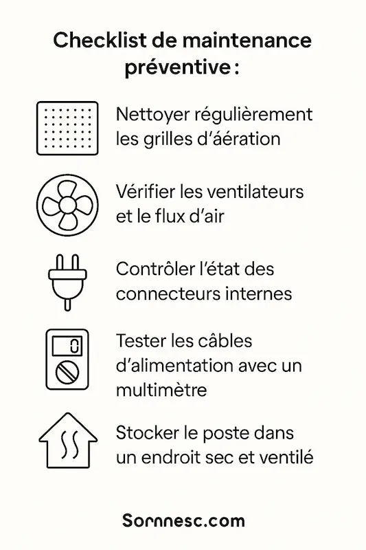 infographie checklist de maintenance d’un poste à souder : ventilation, connecteurs, câbles, stockage