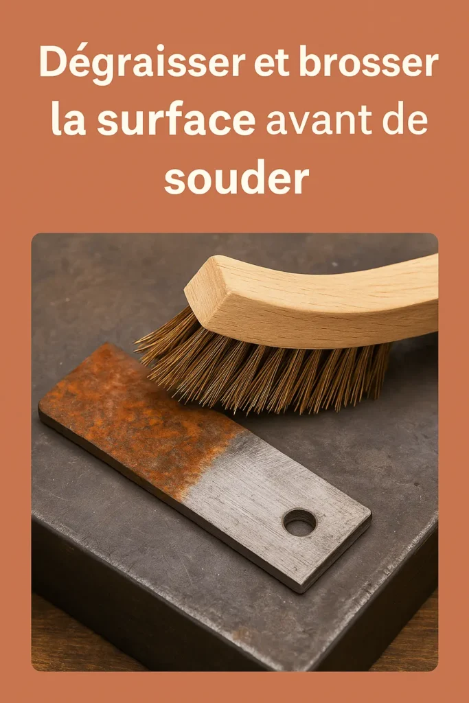 photo comparative d’un métal oxydé avant nettoyage et d’un métal brossé prêt pour la soudure