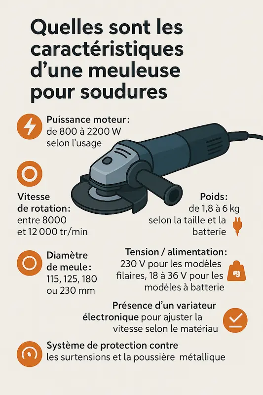 Infographie en français sur les spécifications techniques d’une meuleuse