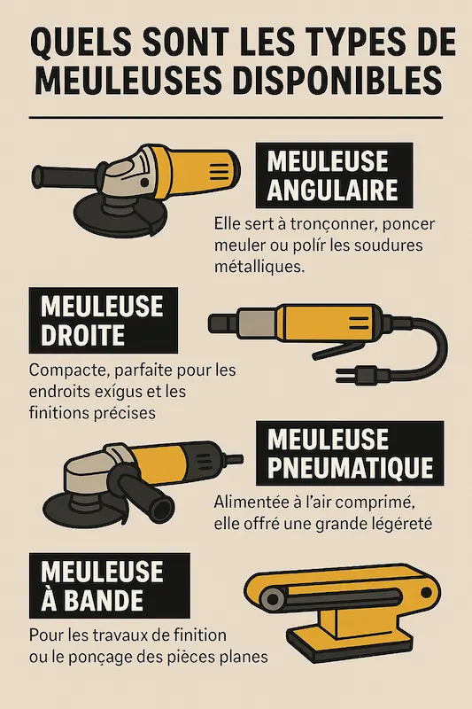 Infographie présentant différents types de meuleuses pour métal