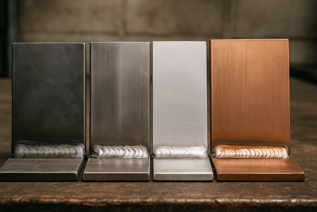 Quatre échantillons soudés en T : acier, inox, aluminium et cuivre