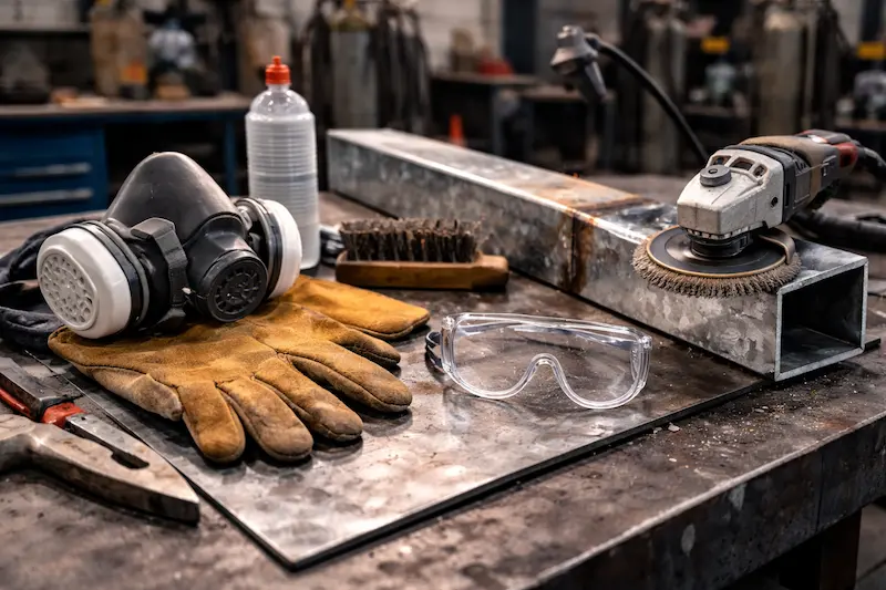 Soudeur équipé d’un masque respiratoire et d’EPI réalisant une soudure sur acier galvanisé avec étincelles et fumées contrôlées en atelier professionnel