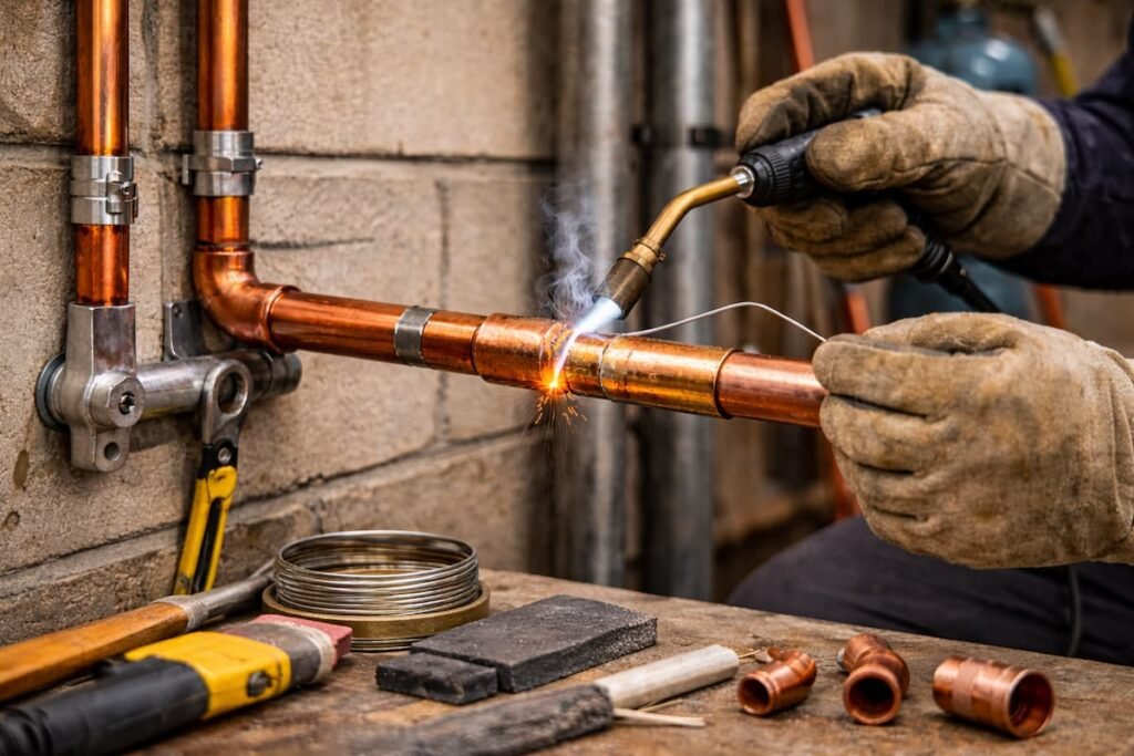 réalisation d' une brasure sur un raccord de tuyaux en cuivre avec MIG et fil de soudure dans un atelier