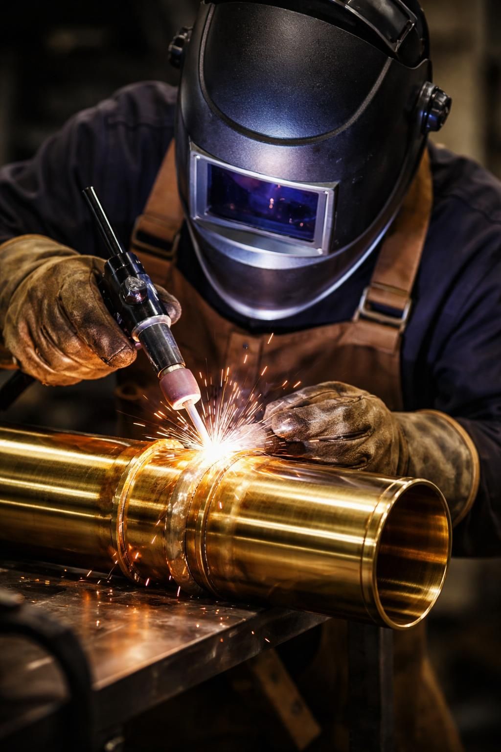 Soudeur brasant un tube en laiton au TIG, étincelles et arc visibles, gants de protection
