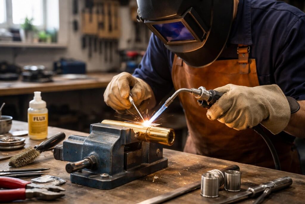 Soudeur brasant un tube en laiton au TIG, étincelles et arc visibles, gants de protection