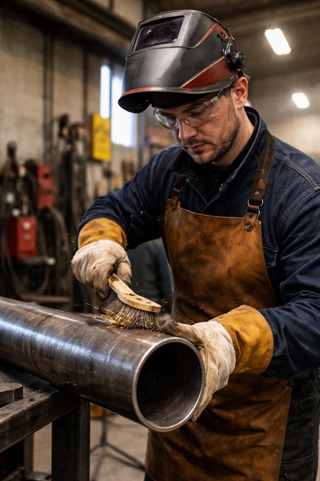 Soudeur brossant un tube en acier avant soudage, étincelles de meulage, préparation de surface en atelier