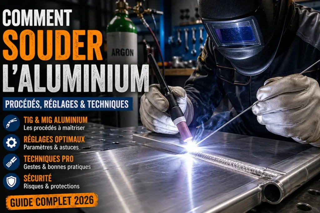 Soudeur professionnel réalisant une soudure TIG sur aluminium avec bouteille d'argon en arrière-plan